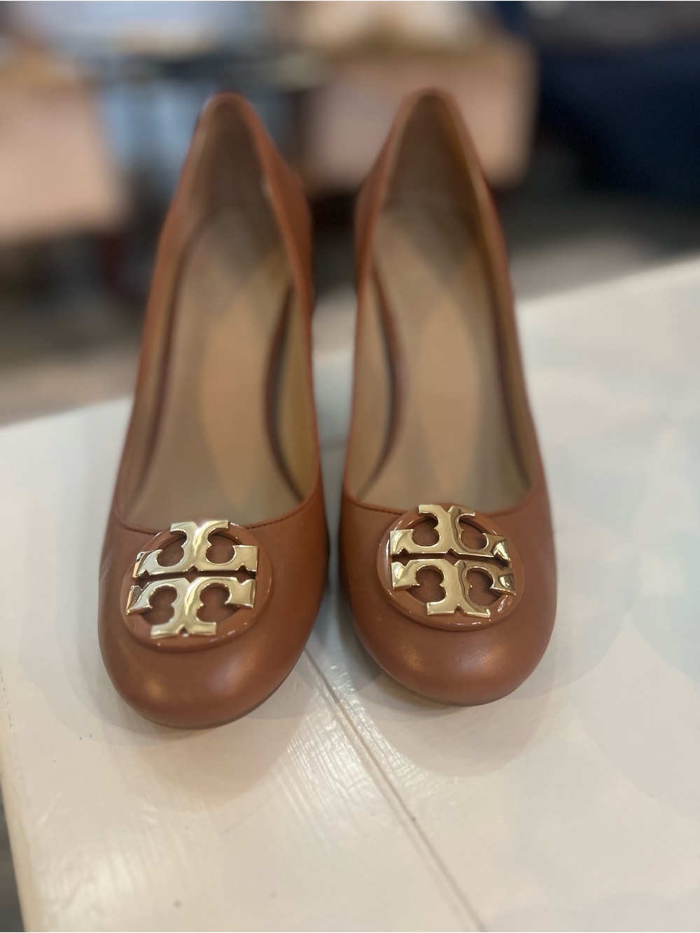 Tory Burch Benton Cognac Leather Logo Heel 3 1/4”